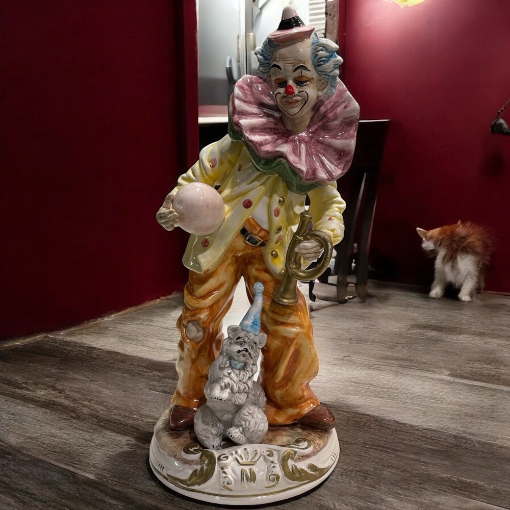 Capodimonte Clown & Dog Figurine Made in ITALY Hand Painted 21" Horn Ball HEAVY